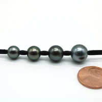 Tahitian black pearl size comparison — 8mm, 9mm, 10mm, and 11mm pearls on leather cord with penny for scale