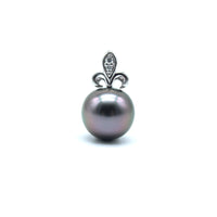 White gold and lab grown diamond fleur de lis black pearl pendant on a white background