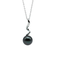 Black pearl necklace with a sterling silver swirl pendant on a white background