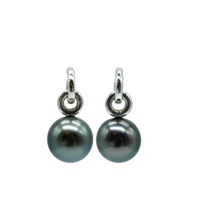 Pair of black pearl earrings with sterling silver hooks on a white background