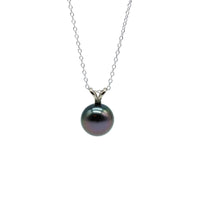 White gold rabbit ear pendant featuring a purple tahitian black pearl on a silver chain with a white background