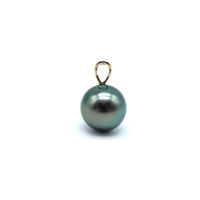 Yellow gold rabbit ear black pearl pendant with a blue color on a white background