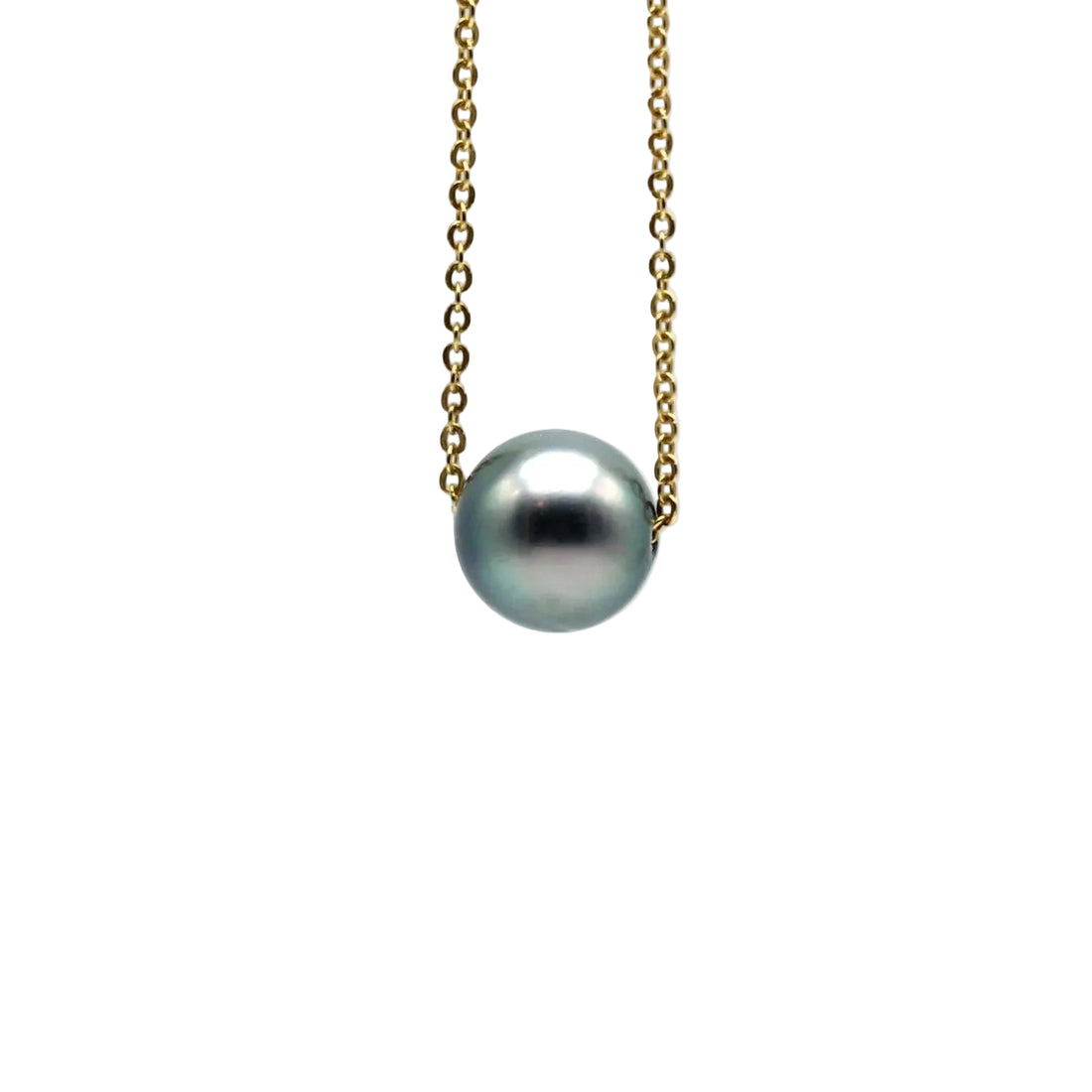 Close up, studio photo of a gold filled  Floating Pearl necklace featuring an 8mm rare blue colored pearl.