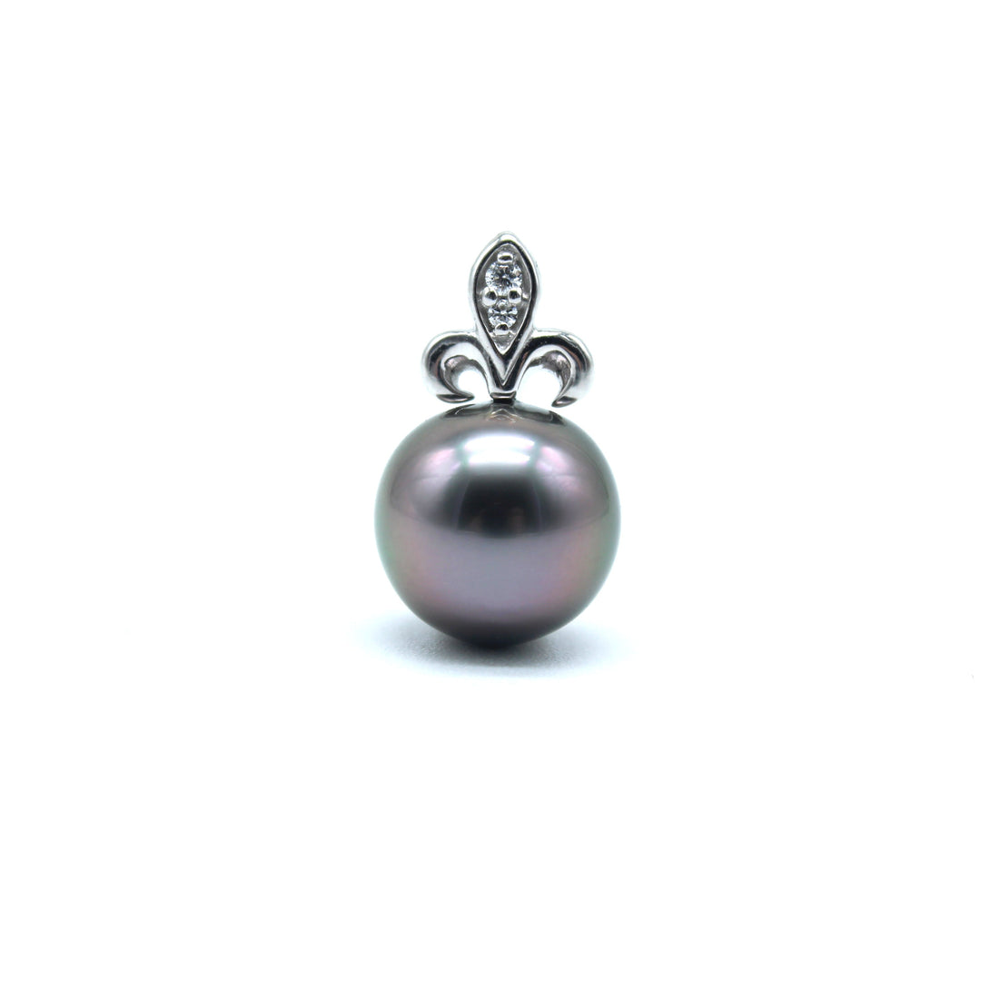 White gold and lab grown diamond fleur de lis black pearl pendant on a white background