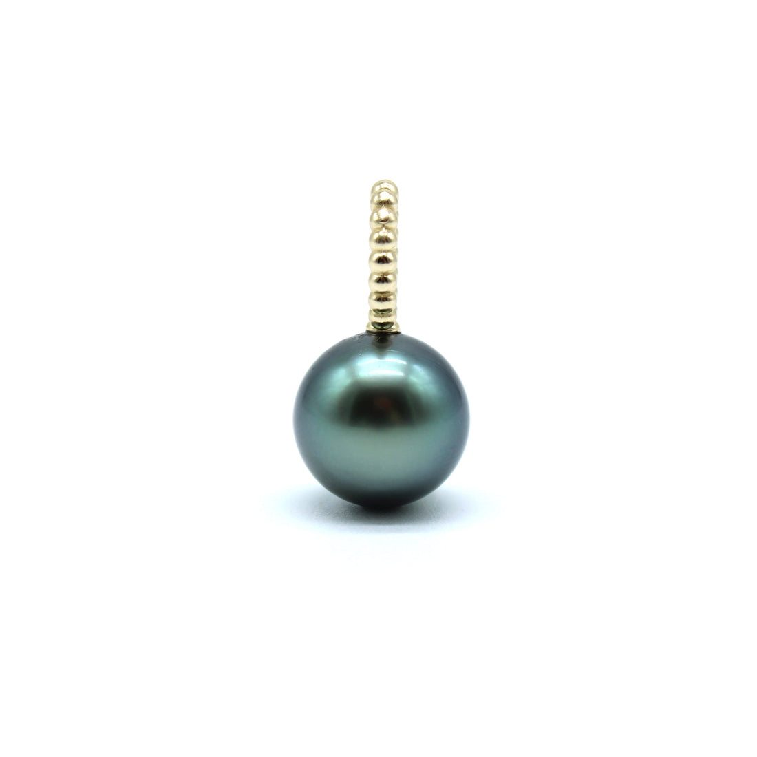 Gold oval blue tahitian black pearl pendant with a white background