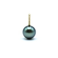 Gold oval blue tahitian black pearl pendant with a white background