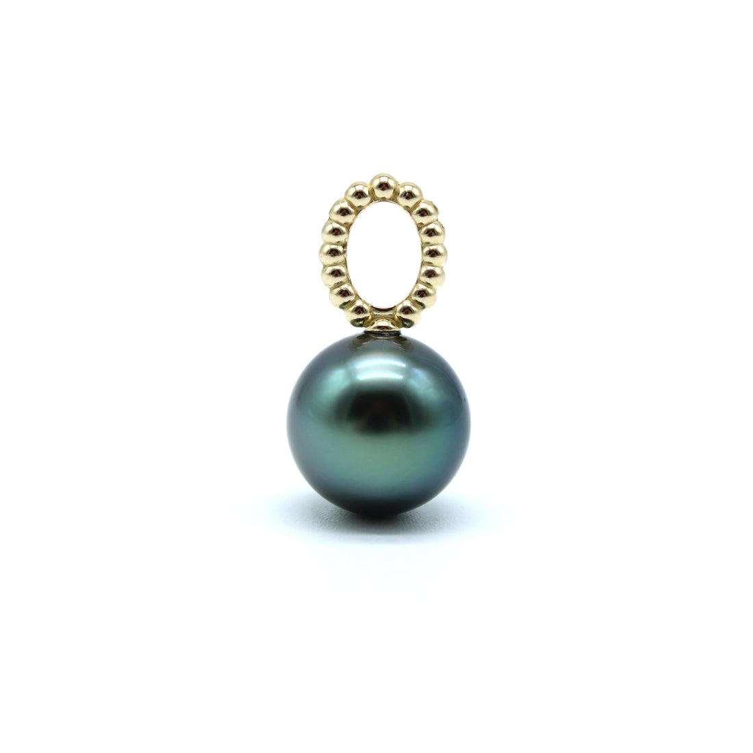 Gold oval pendant featuring a blue tahitian black pearl on a white background