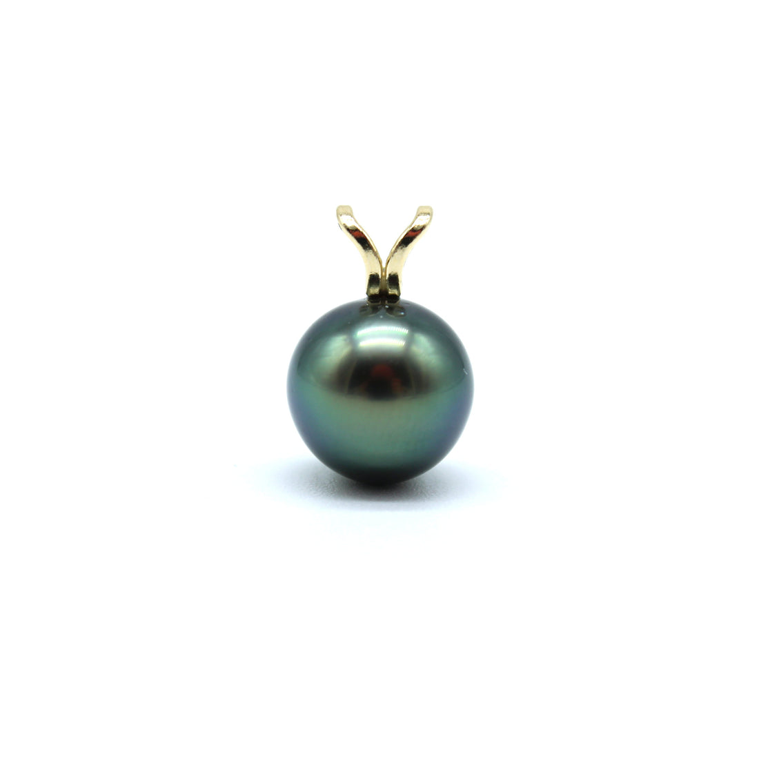 Gold rabbit ear pendant featuring a blue tahitian black pearl on a white background