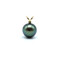 Gold rabbit ear pendant featuring a blue tahitian black pearl on a white background
