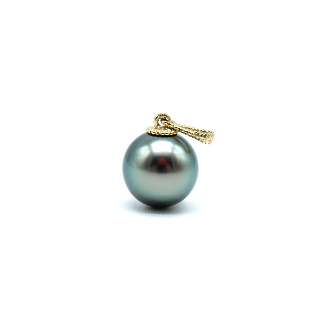 Gold tahitian black pearl pendant on a white background