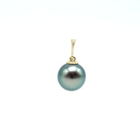 Gold tahitian black pearl pendant on a white background