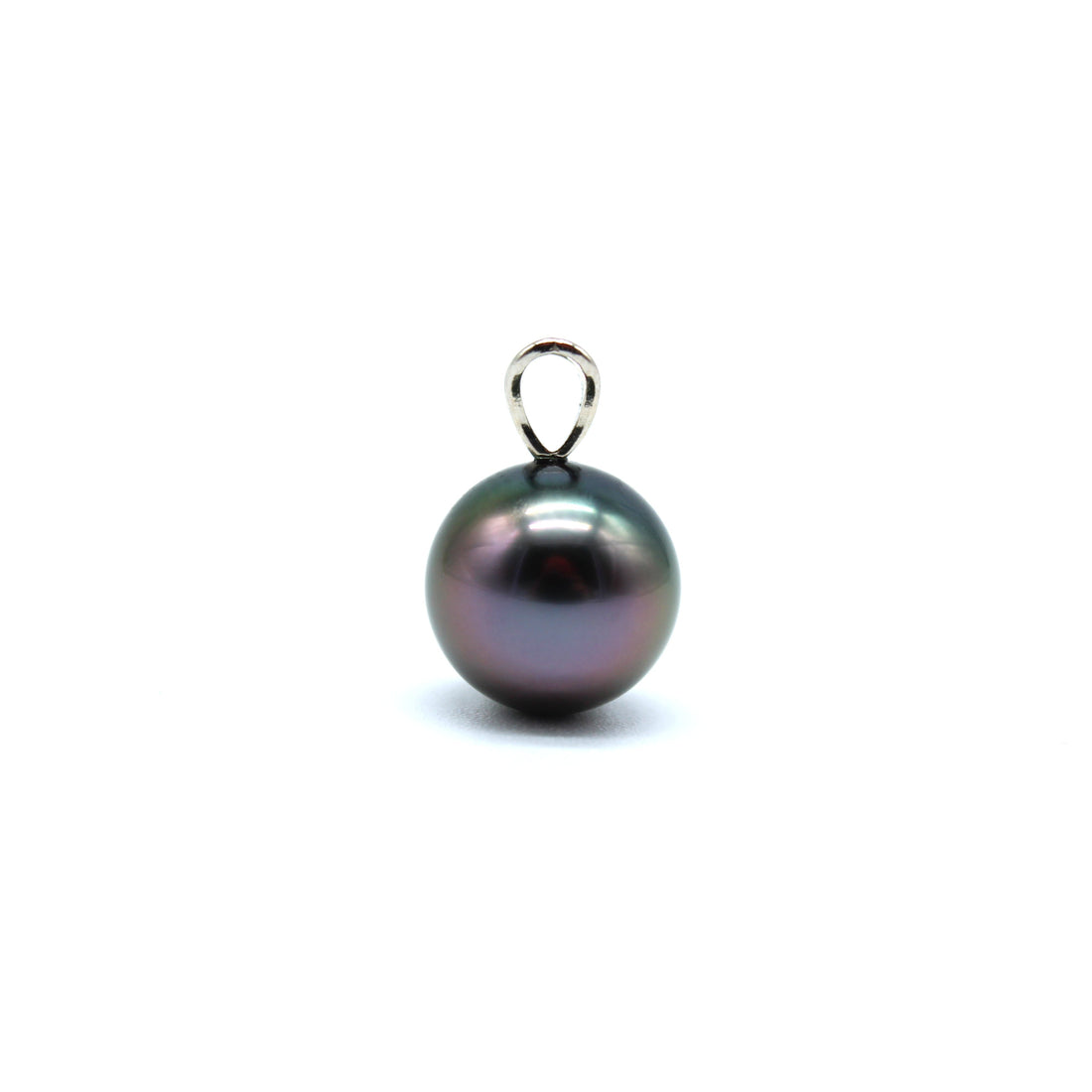 Side view of a white gold rabbit ear style pendant featuring a black pearl with a purple and green hue on a white background