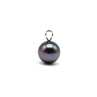 Side view of a white gold rabbit ear style pendant featuring a black pearl with a purple and green hue on a white background