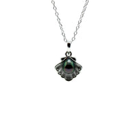 Necklace with a shell shaped pendant featuring a keshi black pearl on a white background