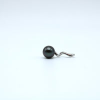 Side view of sterling silver swirl pendant with a black pearl with a white background