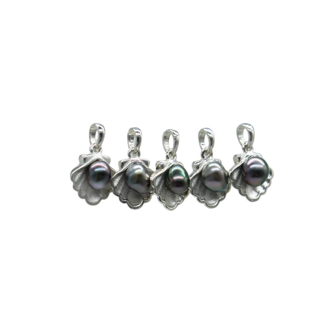 Set of five silver pendants with black pearls on a white background