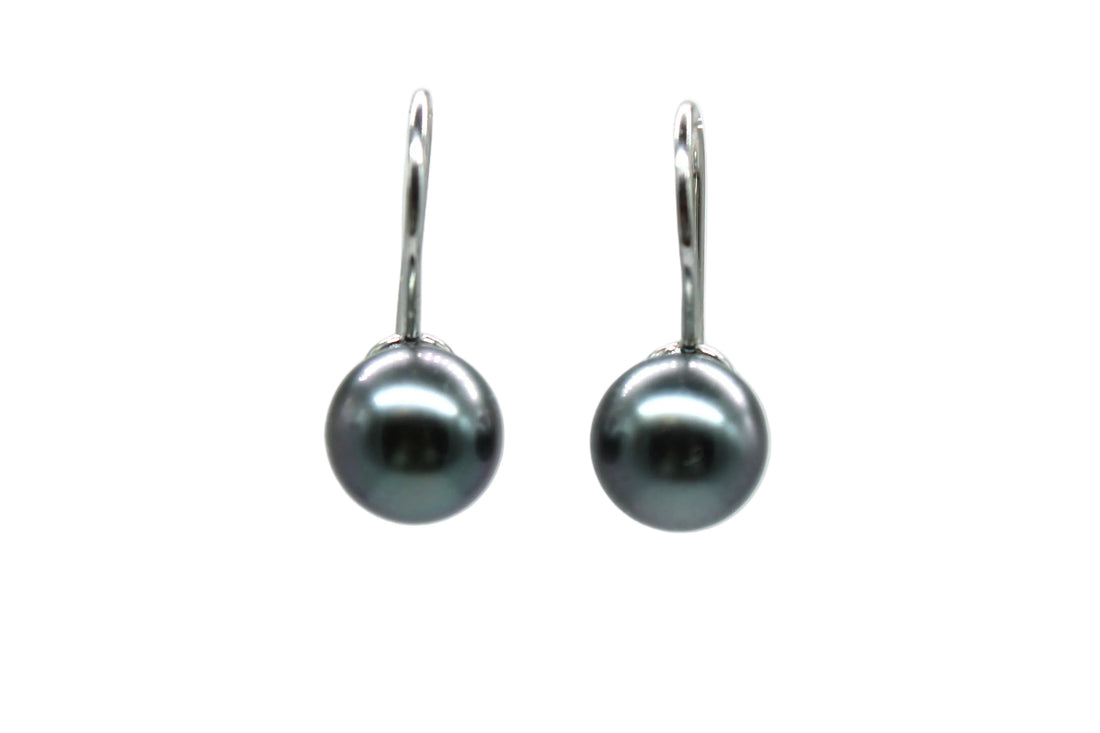 Pair of white gold french hook earrings front view with a white background