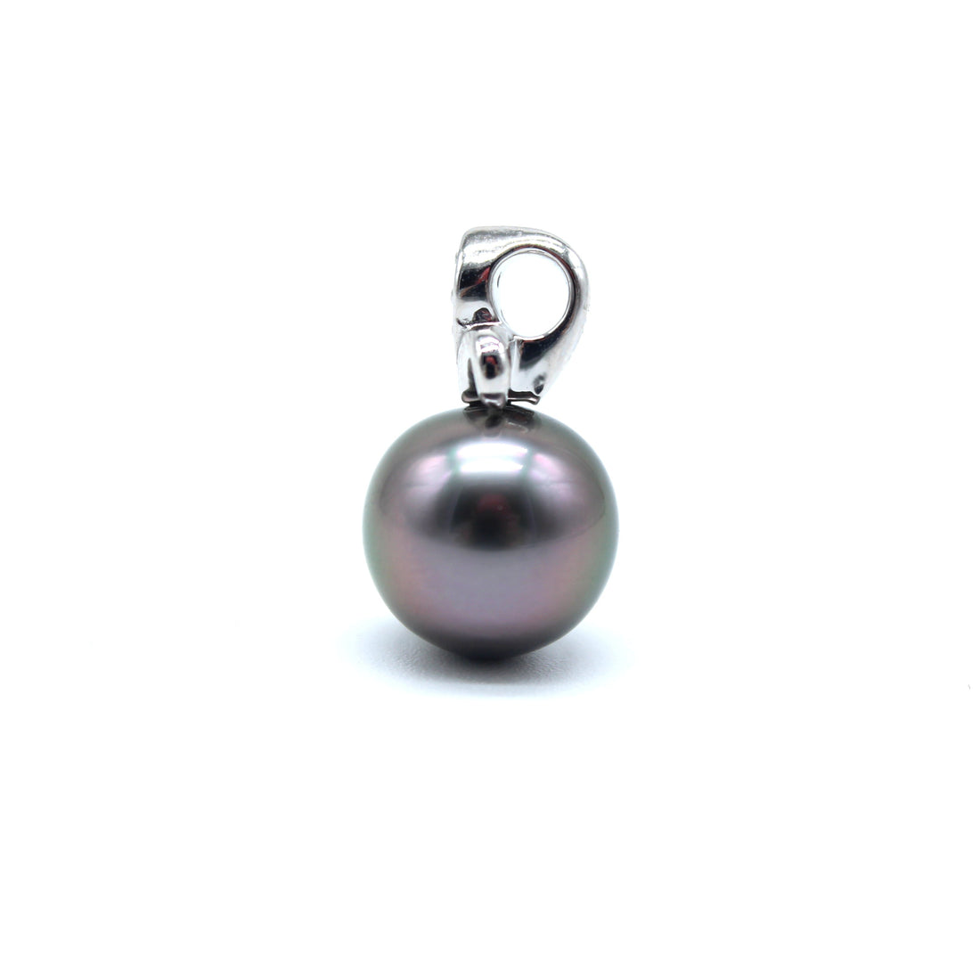 Side view of a white gold and lab grown diamond fleur de lis black pearl pendant on a white background