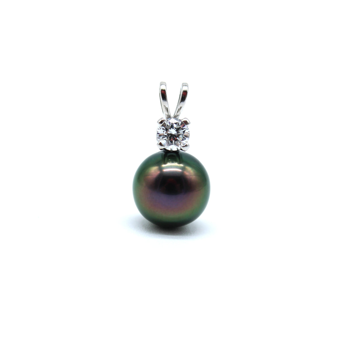 Black pearl white gold pendant with diamond on a white background