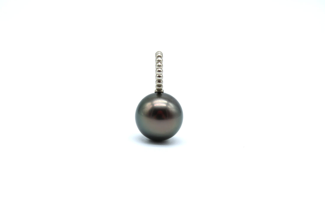 Single Tahitian pearl with a white gold oval pendant on a white background