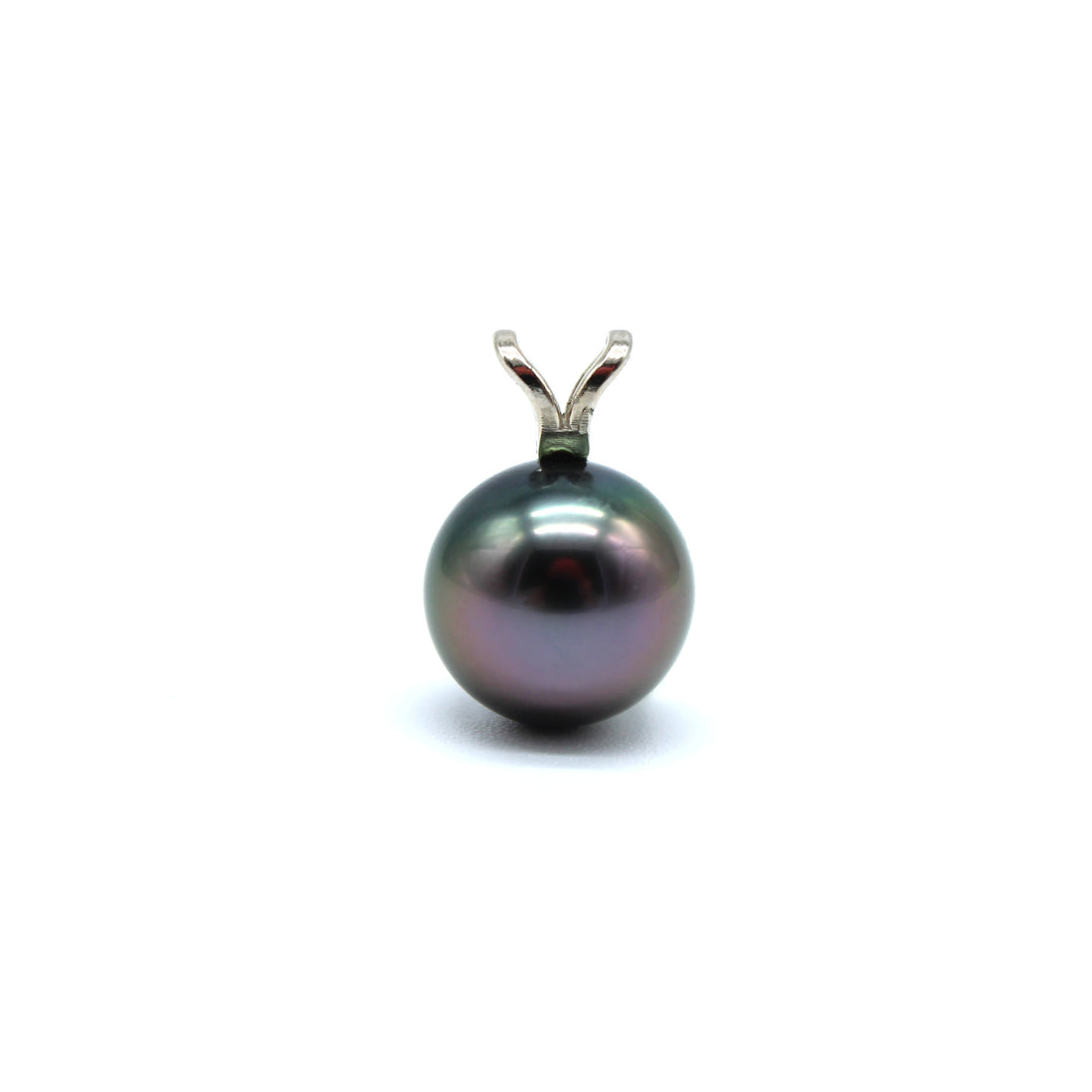 White gold rabbit ear style pendant featuring a purple color black pearl on a white background