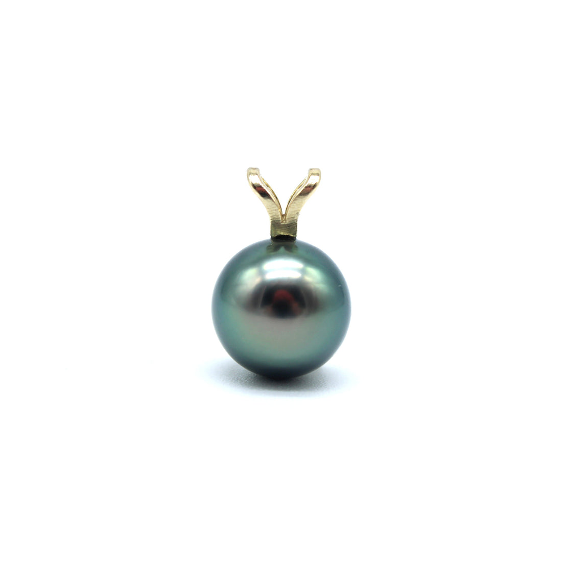 Yellow gold rabbit ear style pendant featuring a blue color black pearl on a white background
