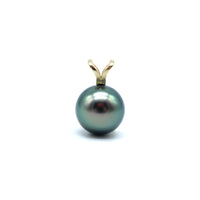 Yellow gold rabbit ear style pendant featuring a blue color black pearl on a white background