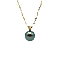 Yellow gold rabbit ear style pendant and necklace featuring a black pearl on a white background